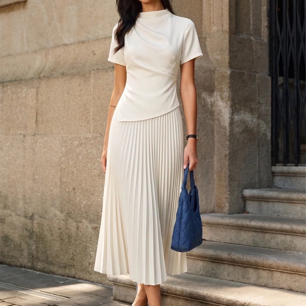 NWT Cream Pleated Midi Skirt Dress